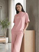 Cotton-blend capelet top with batwing sleeves and matching wide-leg pants lounge set in multiple colors