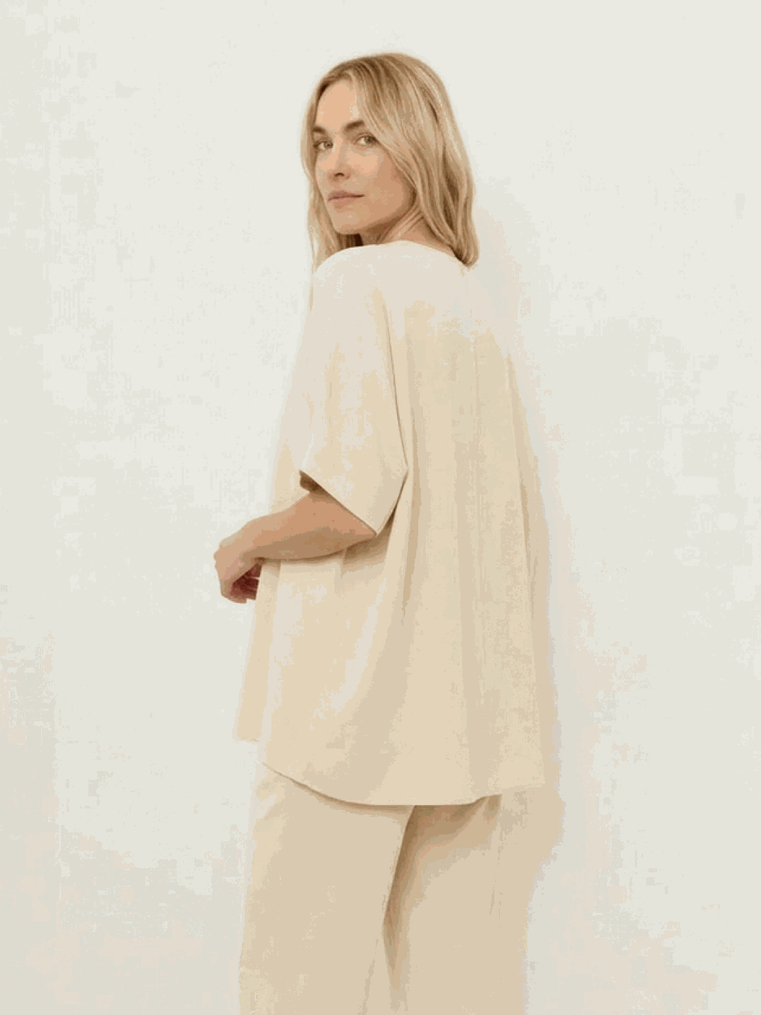 Cotton-blend capelet lounge set with mock neck top and wide-leg pants in various colors