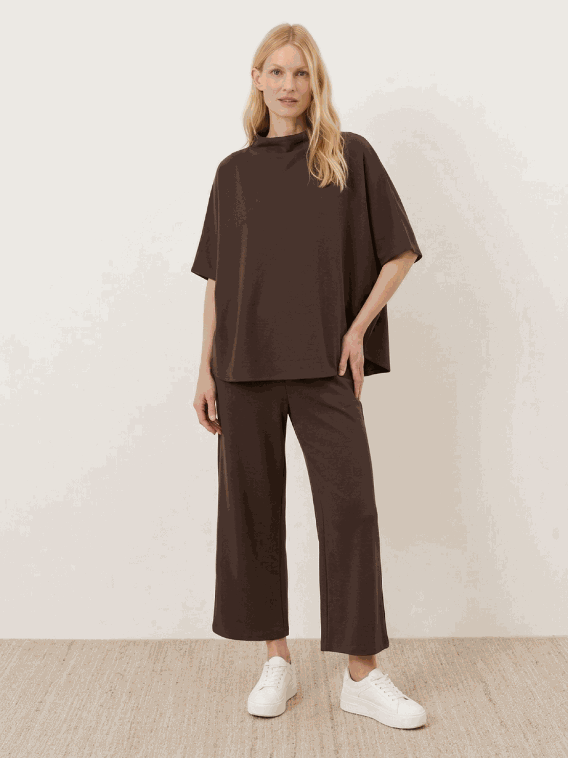 Cotton-blend capelet top with batwing sleeves and cropped wide-leg pants lounge set in various colors