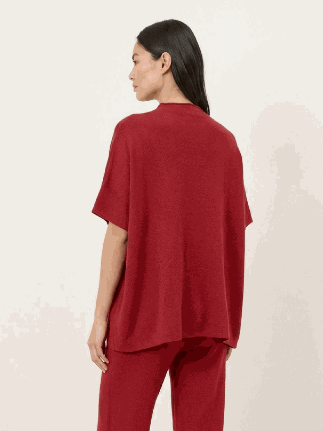 Women wearing cotton-blend capelet lounge set with mock neck top and wide-leg pants in multiple colors