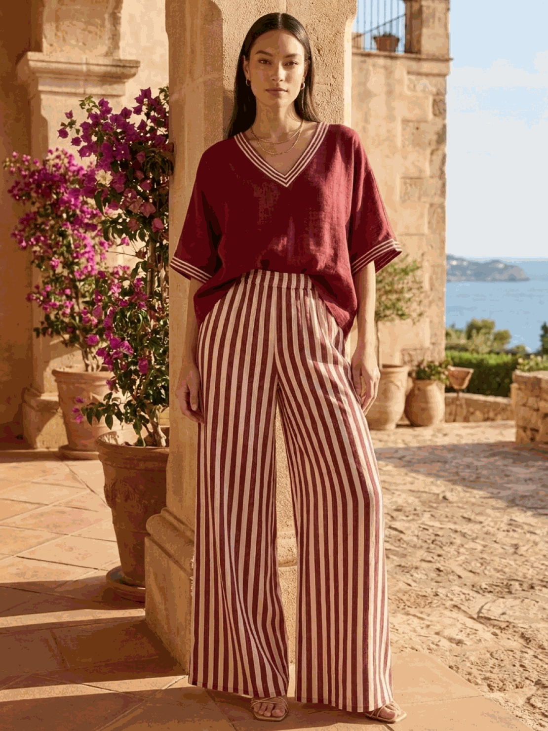 Striped wide-leg co-ord set with oversized top and palazzo pants in multiple colors