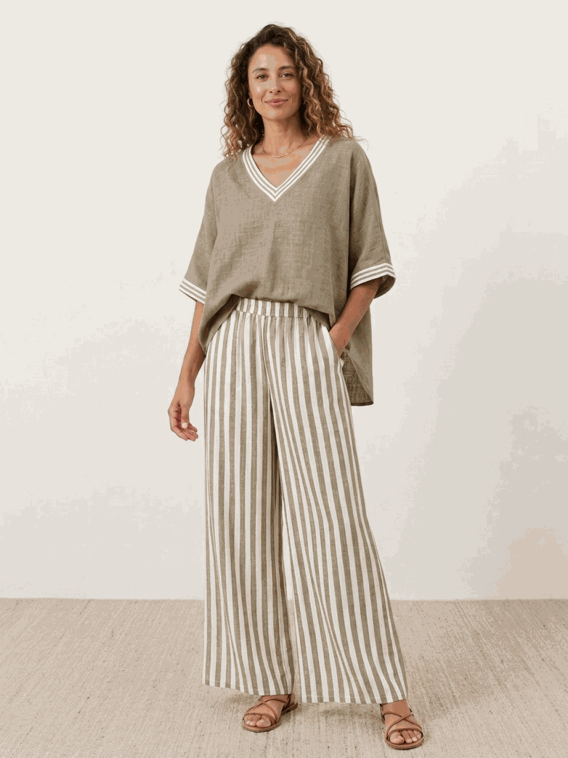 Striped wide-leg co-ord set with oversized top and palazzo pants featuring contrast stripe trim and elastic waistband