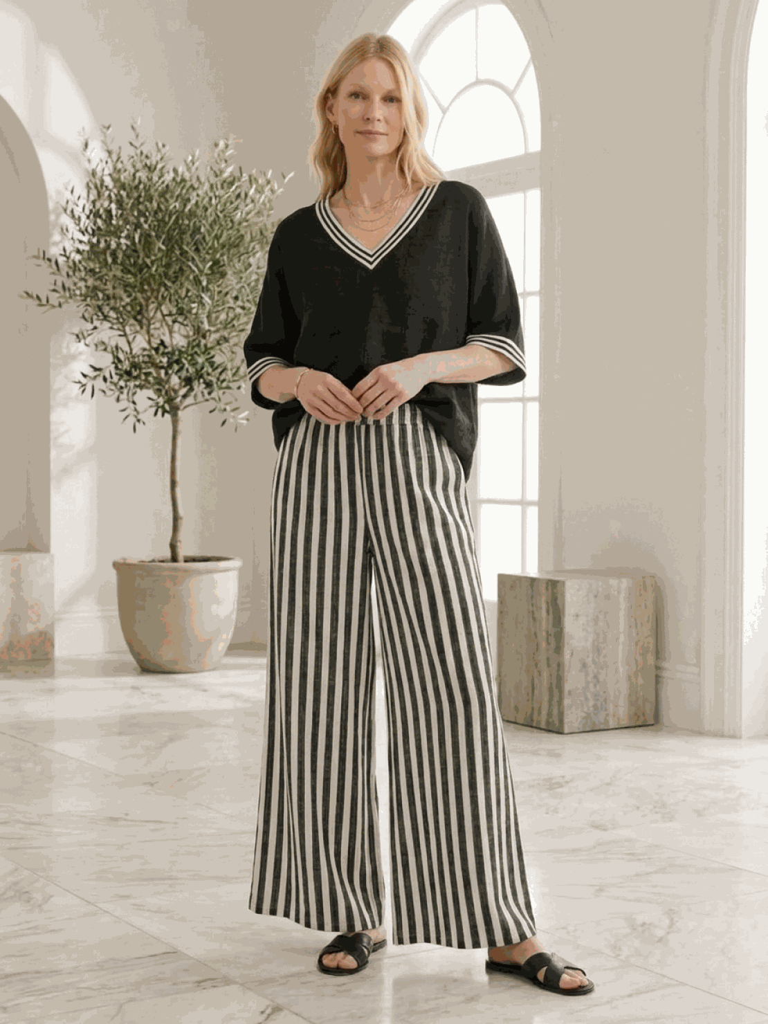 Striped wide-leg co-ord set with oversized top and elastic waist palazzo pants in multiple colors