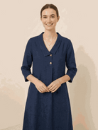 Woman wearing relaxed fit linen-look midi dress with blazer neckline and button detail