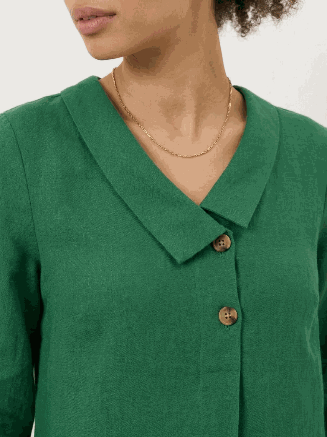 Navy linen-look midi dress with relaxed fit, blazer neckline, button detail, and side pockets