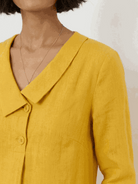navy linen-look midi dress with v-neckline and button detail