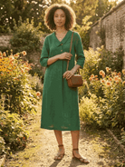 Navy linen-look midi dress with relaxed fit, V-neckline, two-button chest detail, 3/4 sleeves, and side pockets.