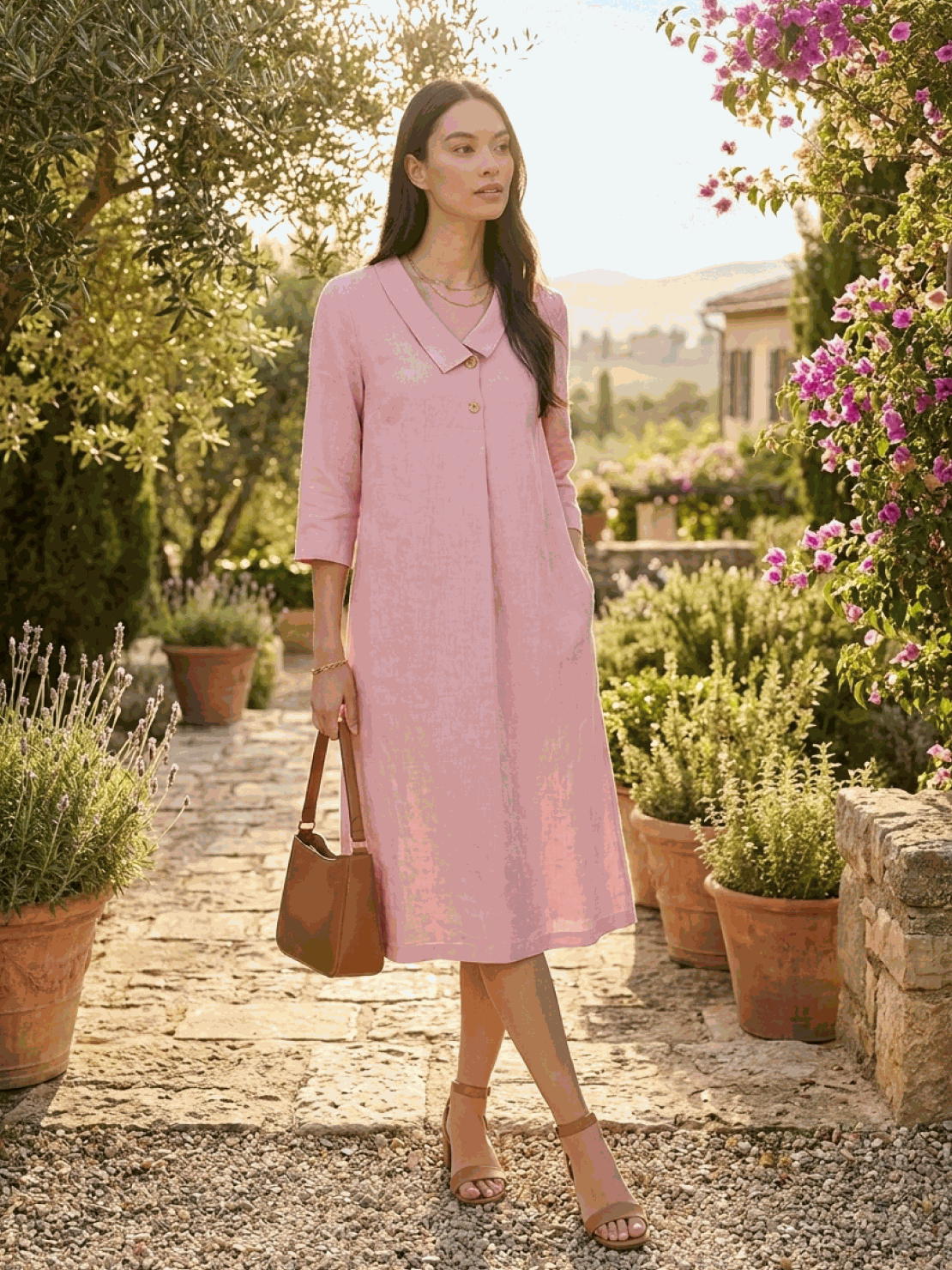 woman wearing navy linen-look midi dress with blazer neckline and buttons, relaxed fit with pockets and 3/4 sleeves