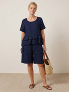 Cotton relaxed shorts and matching ruffle-detail top two-piece summer co-ord set