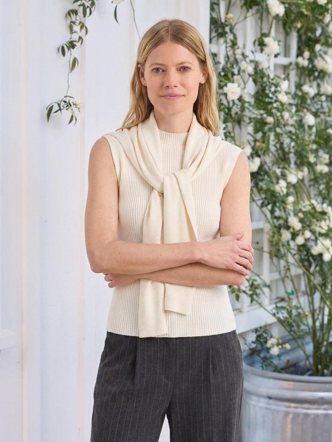 Knit vest with attached scarf in fine ribbed knit, sleeveless design with versatile styling options