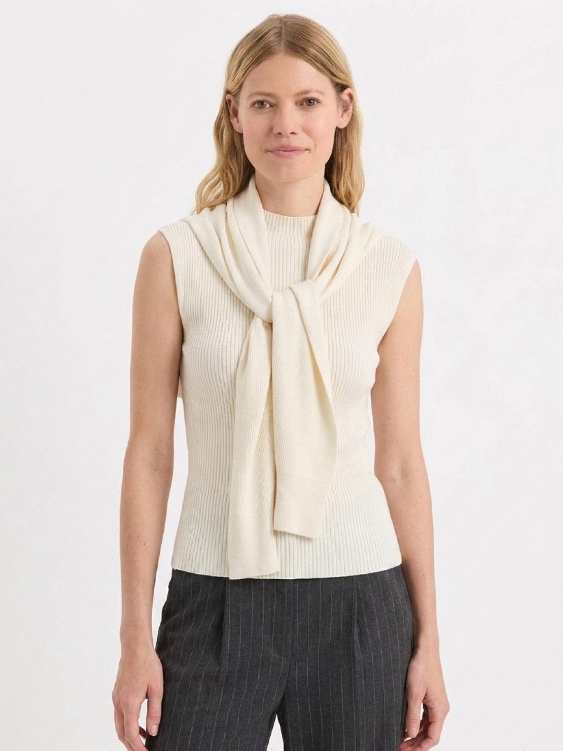 knit vest with attached scarf in soft fine ribbed knit, sleeveless design with mock neckline