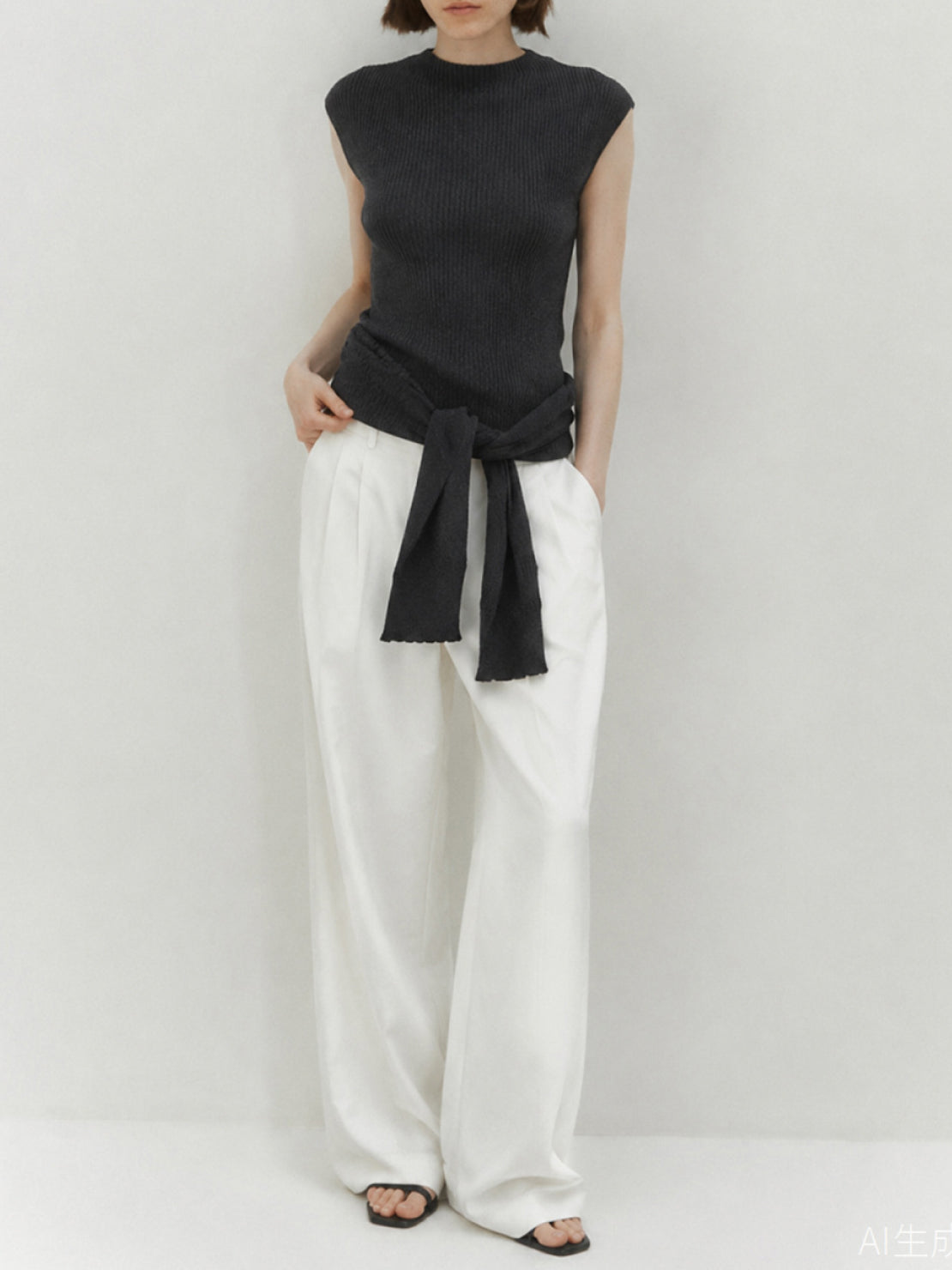 Beige knit vest with attached scarf in fine ribbed knit, sleeveless with mock neckline, styled on model