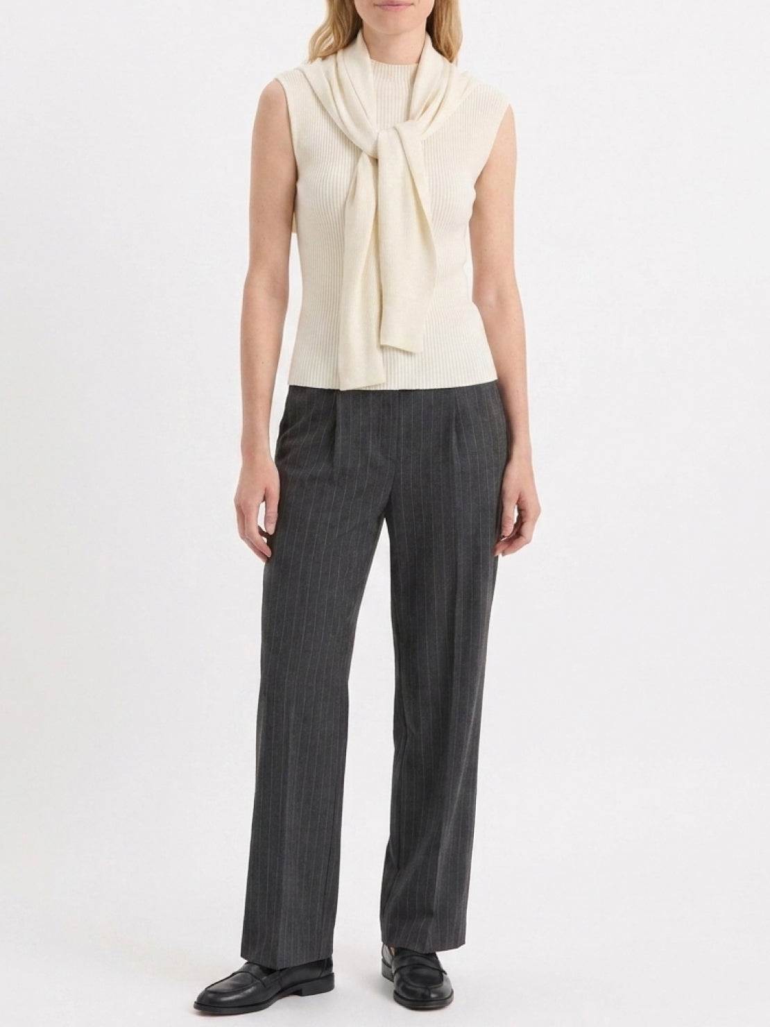 knit vest with attached scarf in fine ribbed knit and sleeveless design