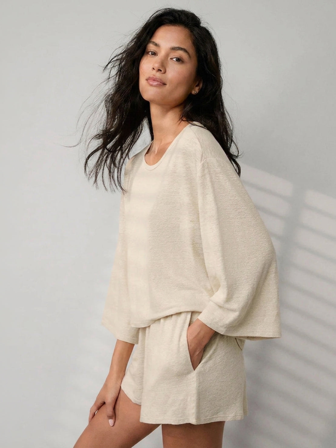 Light blue linen blend lounge set with cropped top and matching shorts, breathable and comfortable for spring and summer wear