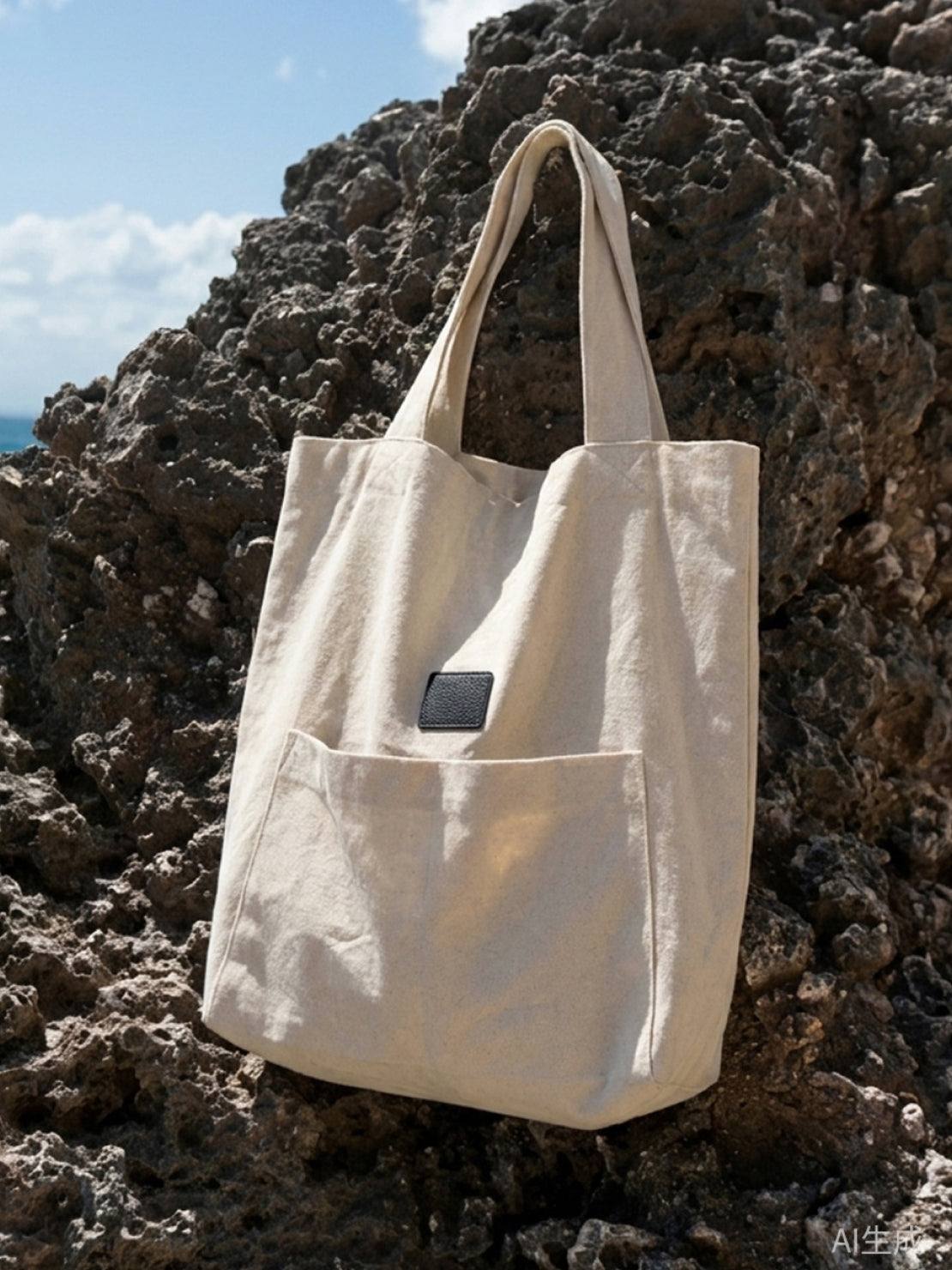 Beige cotton linen canvas shoulder bag with front pocket and comfortable straps for everyday use