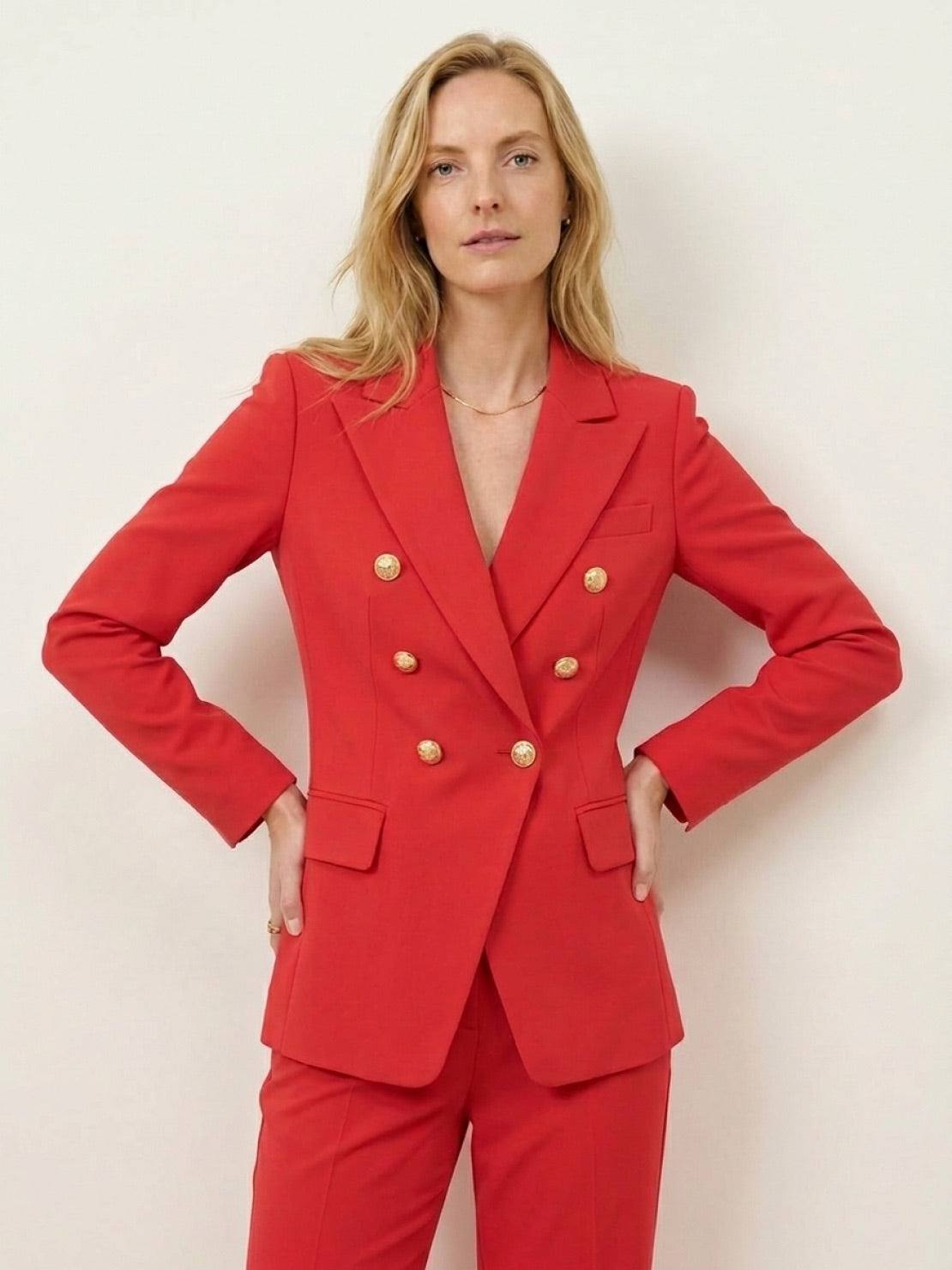 Double-breasted blazer and wide-leg trousers co-ord set with gold lion-head buttons and structured tailoring