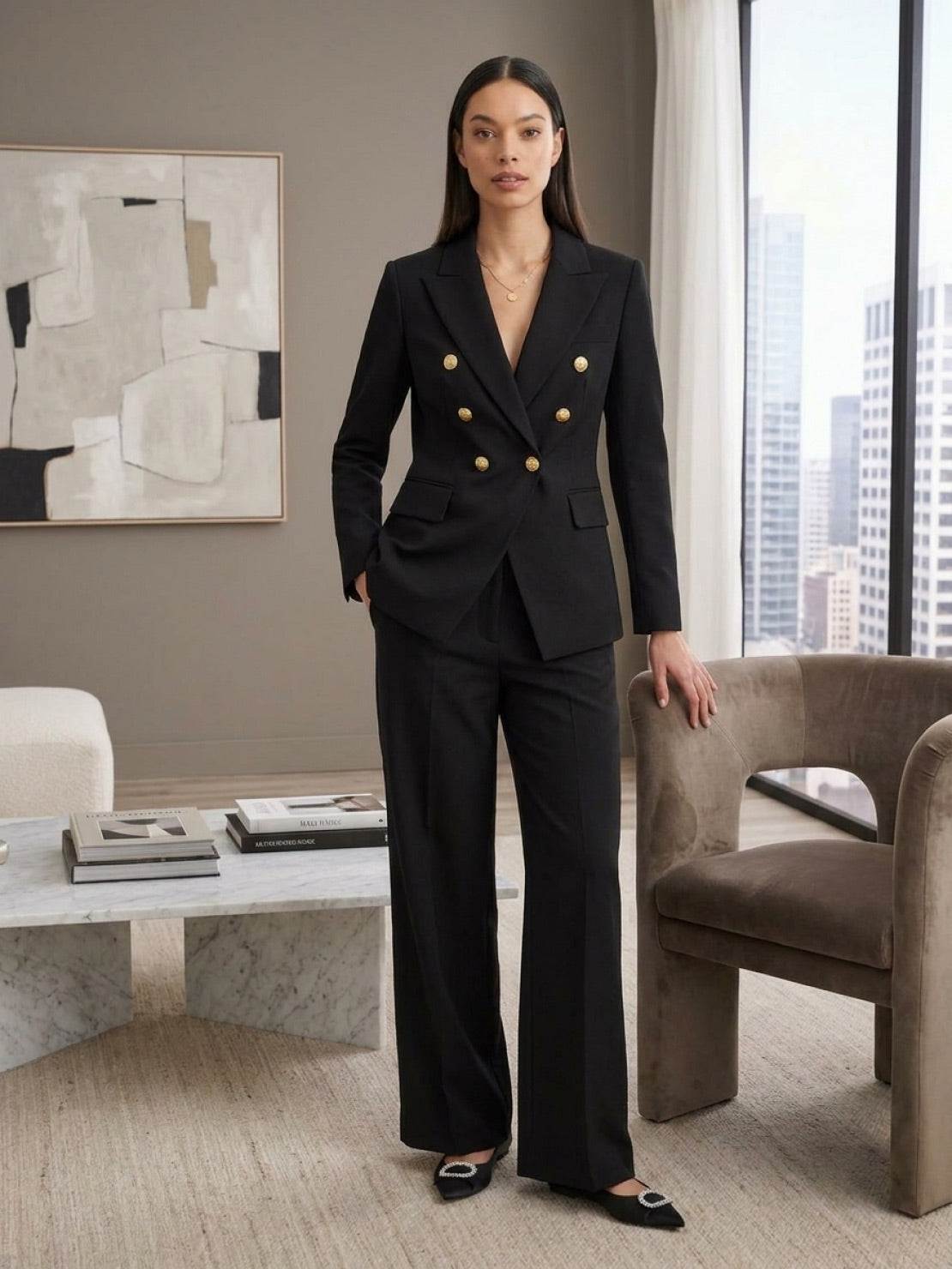 Structured double-breasted blazer with gold lion-head buttons and wide-leg trousers co-ord set