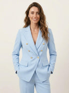 Double-breasted blazer and wide-leg trousers co-ord set with gold buttons and structured tailoring