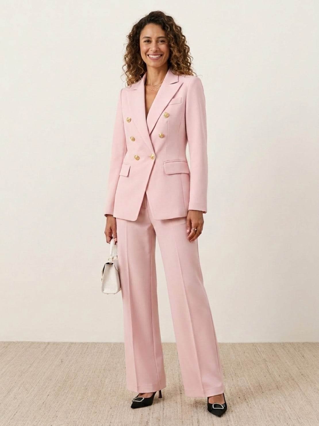 Structured double-breasted blazer with gold buttons and wide-leg trousers co-ord set in smooth suiting fabric