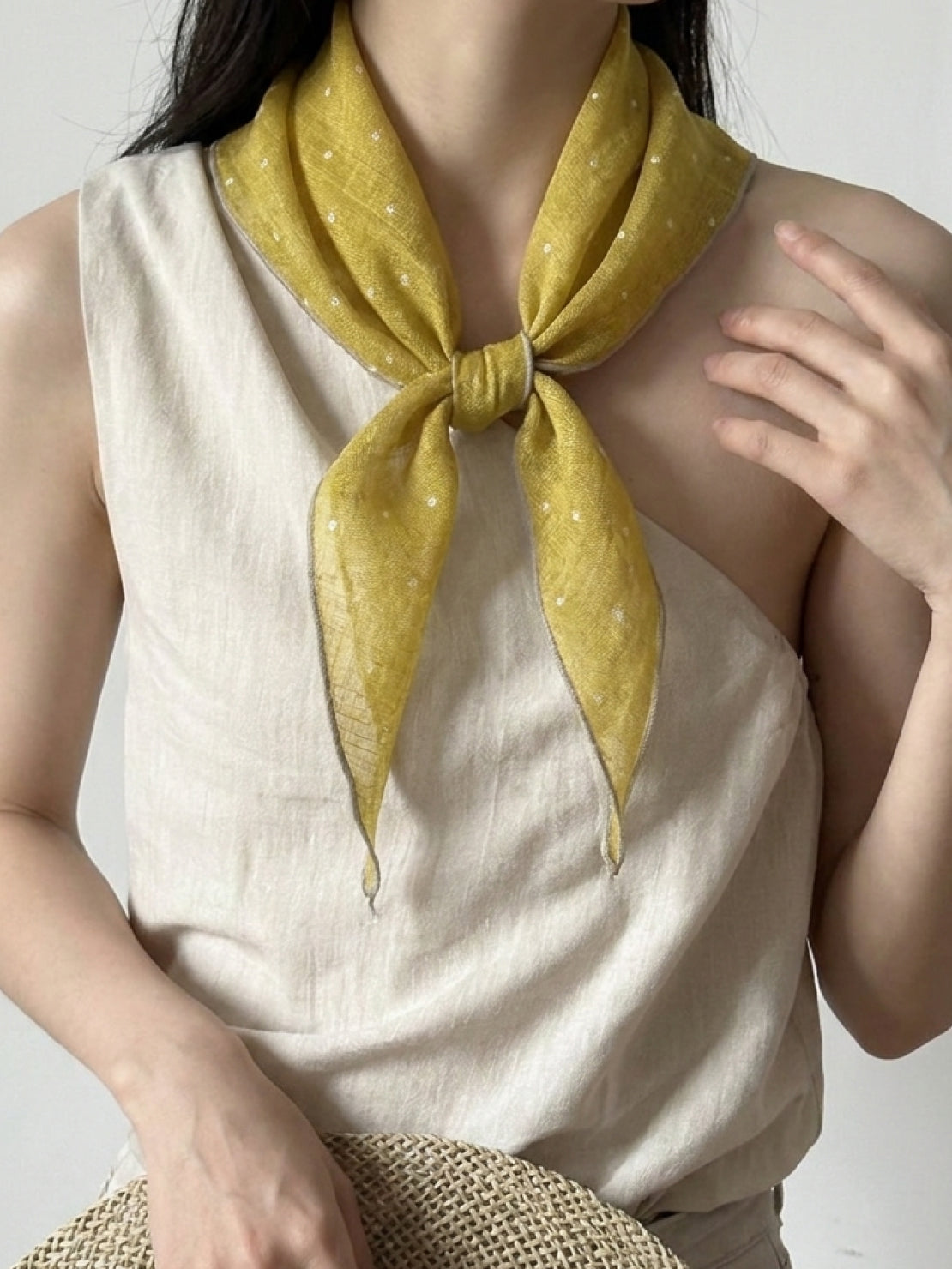 100% linen neck scarf with timeless checkered pattern, lightweight and breathable triangular design