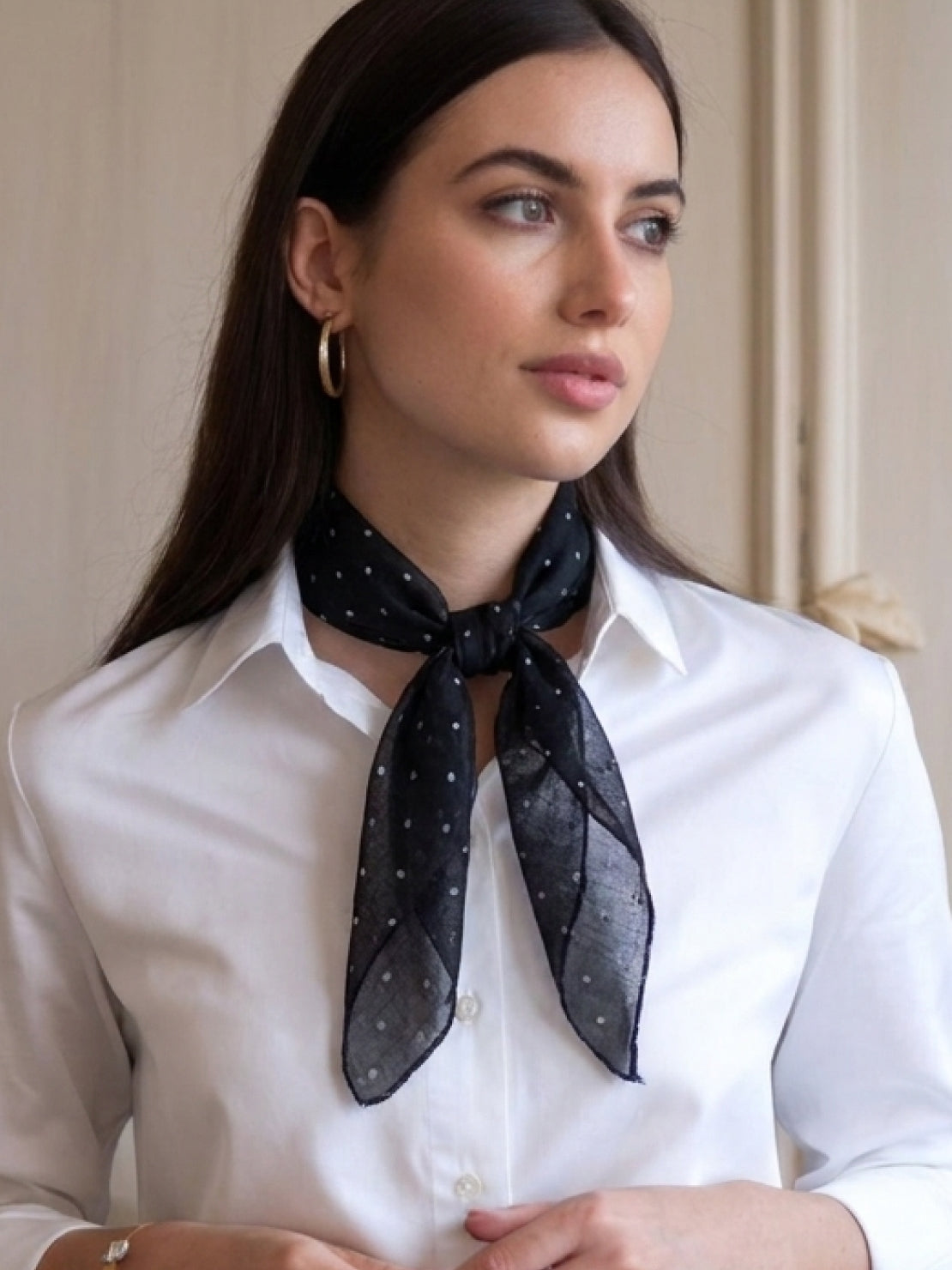Lightweight 100% linen neck scarf with checkered pattern and natural rolled edges for versatile styling
