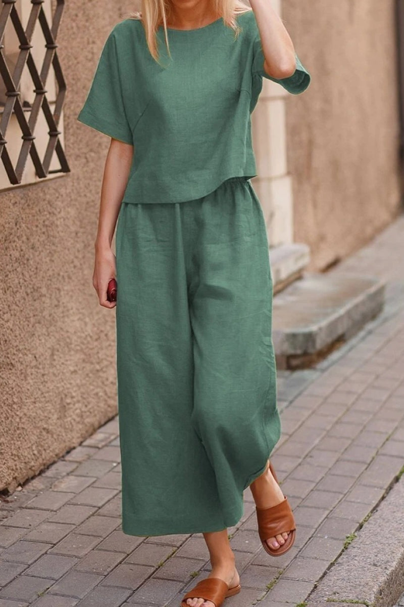 Lightweight Breezy Meadow two-piece set with soft-tailored top and wide-leg trousers in relaxed fit