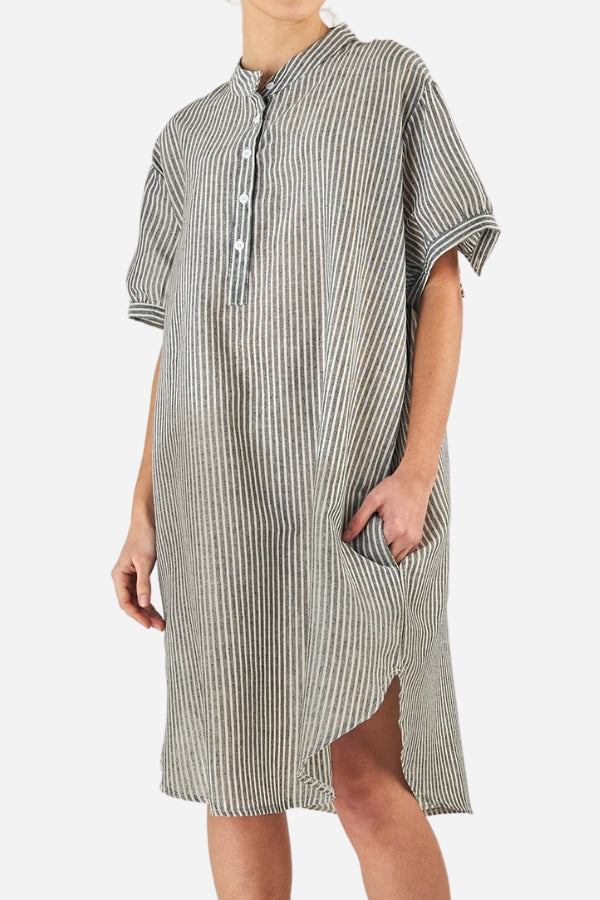 Striped linen blend midi shirt dress with short sleeves and button fastening