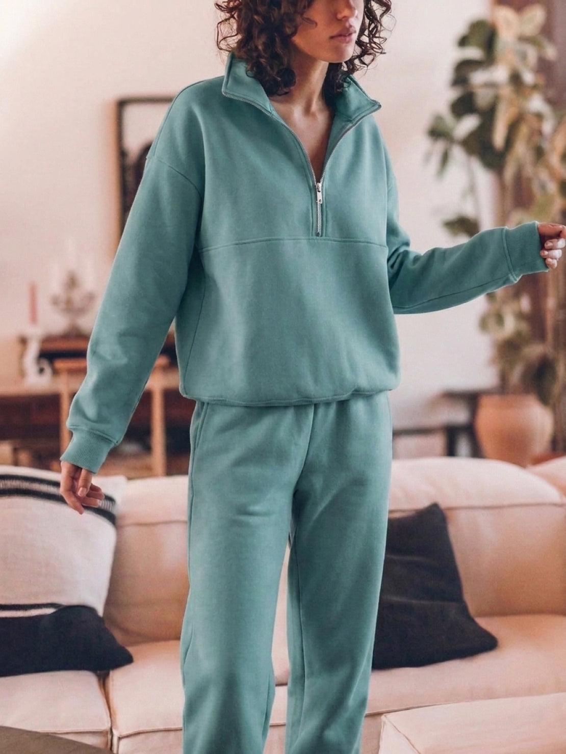 Cotton-blended two-piece tracksuit with zip-front top and straight-leg pants in relaxed fit