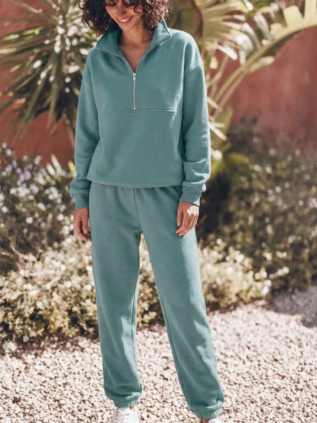 Cotton-blended two-piece tracksuit with zip-front top and straight-leg pants