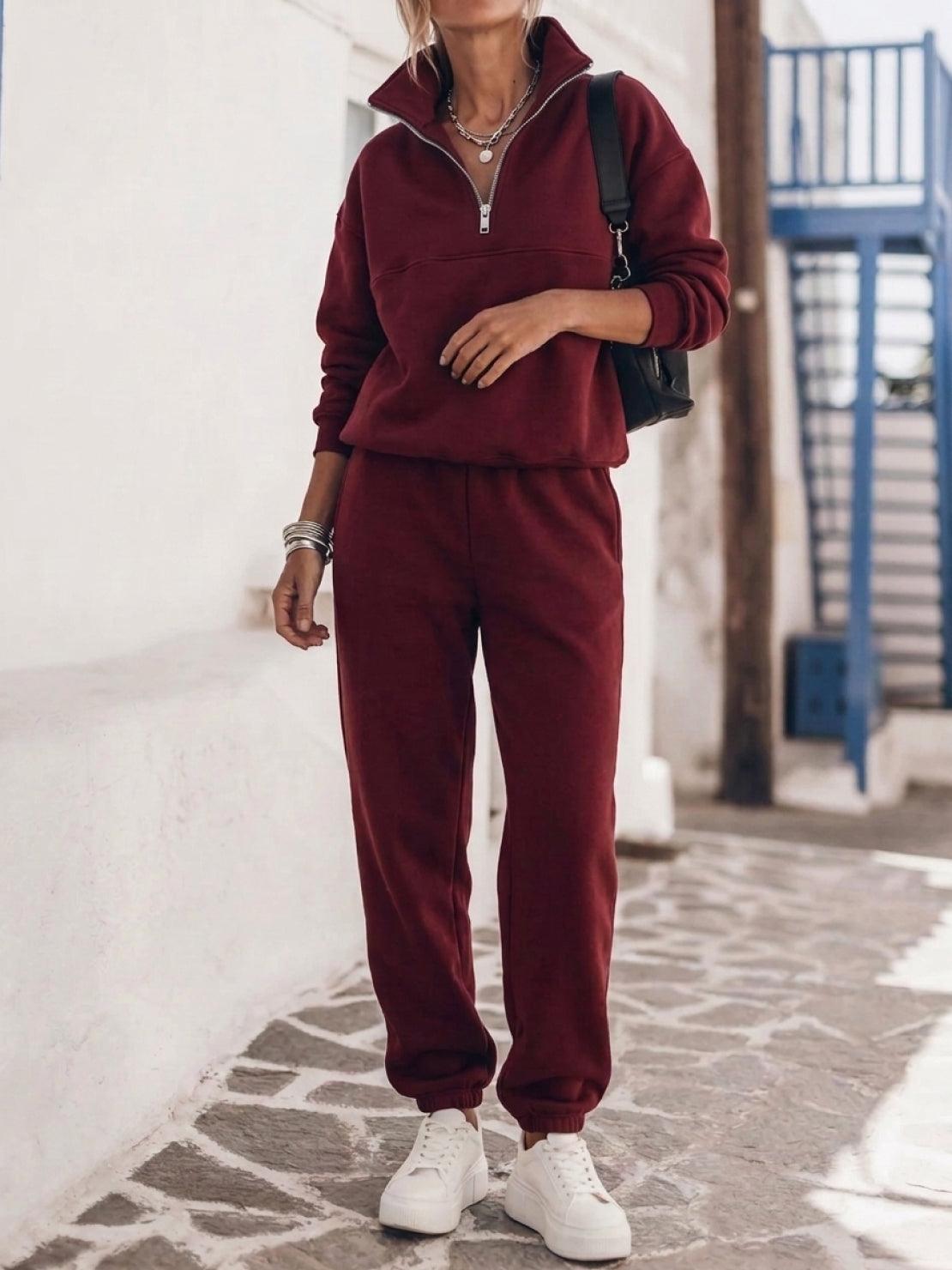 cotton-blended two-piece tracksuit with high stand collar and straight-leg pants in relaxed fit