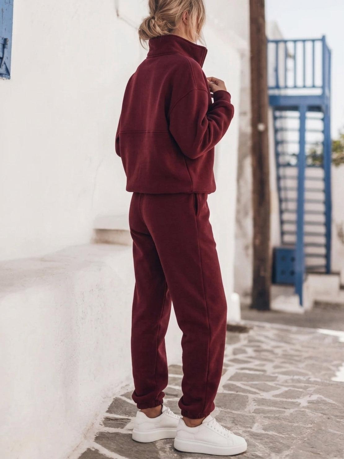 Cotton-blended two-piece tracksuit with zip-front top and straight-leg pants