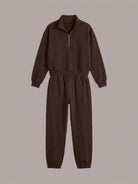 Cotton-blended two-piece tracksuit with high collar, zip front, relaxed fit, and straight-leg pants