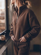 Cotton-blended two-piece tracksuit with zip-front top and straight-leg pants