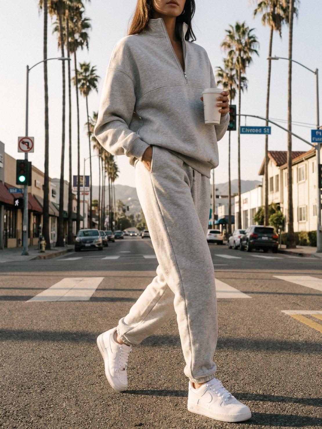 Cotton-blended two-piece tracksuit with zip-front top and straight-leg pants