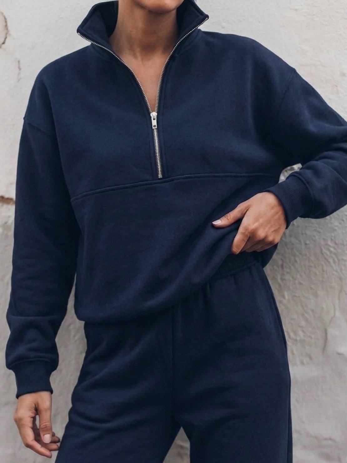 Cotton-blended two-piece tracksuit with zip-front top and straight-leg pants in relaxed fit
