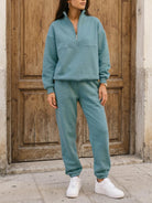 Cotton-blended two-piece tracksuit with zip-front top and straight-leg pants