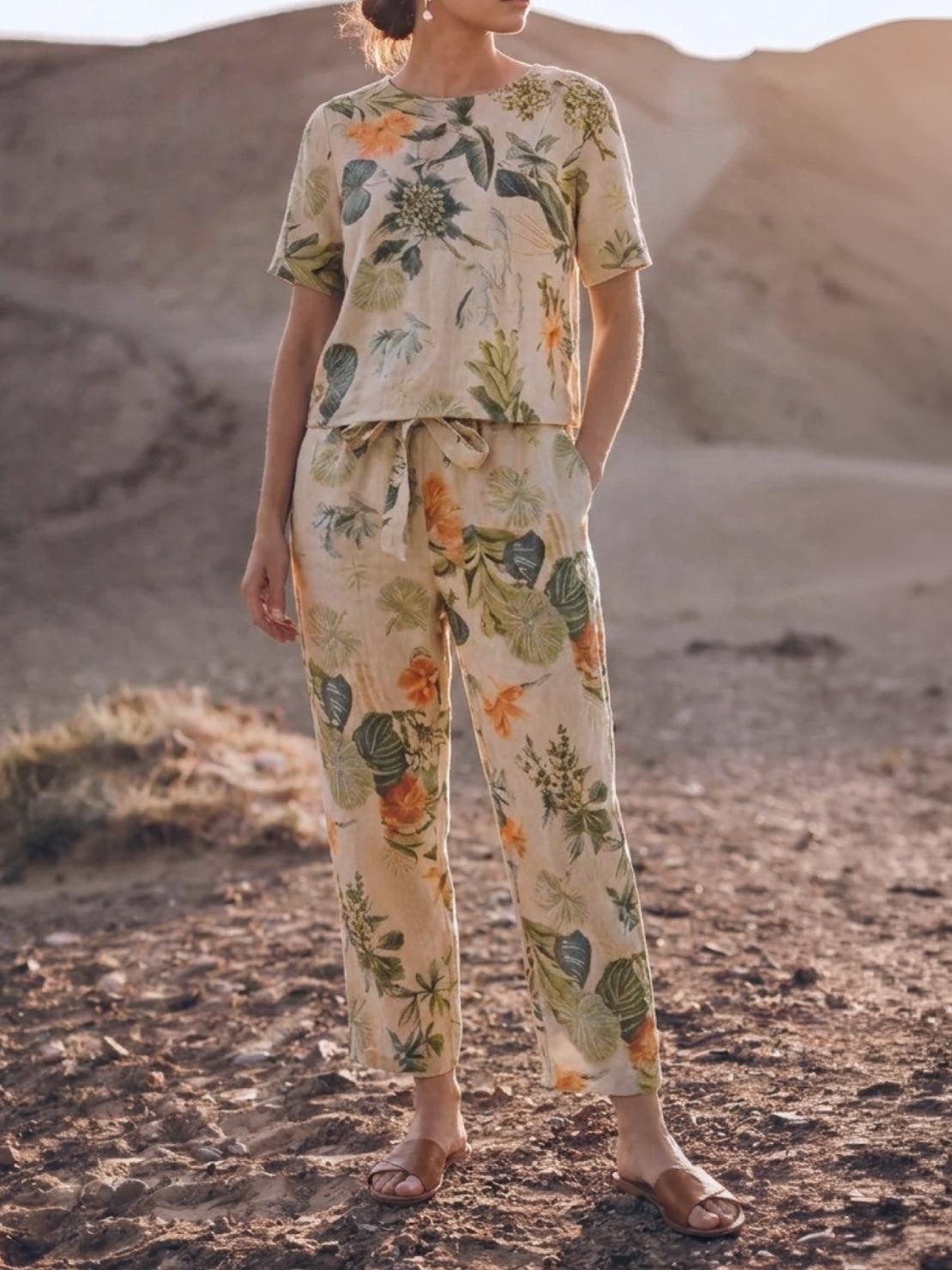 woman wearing relaxed cotton linen set with short sleeves and straight-leg pants in monochrome tones