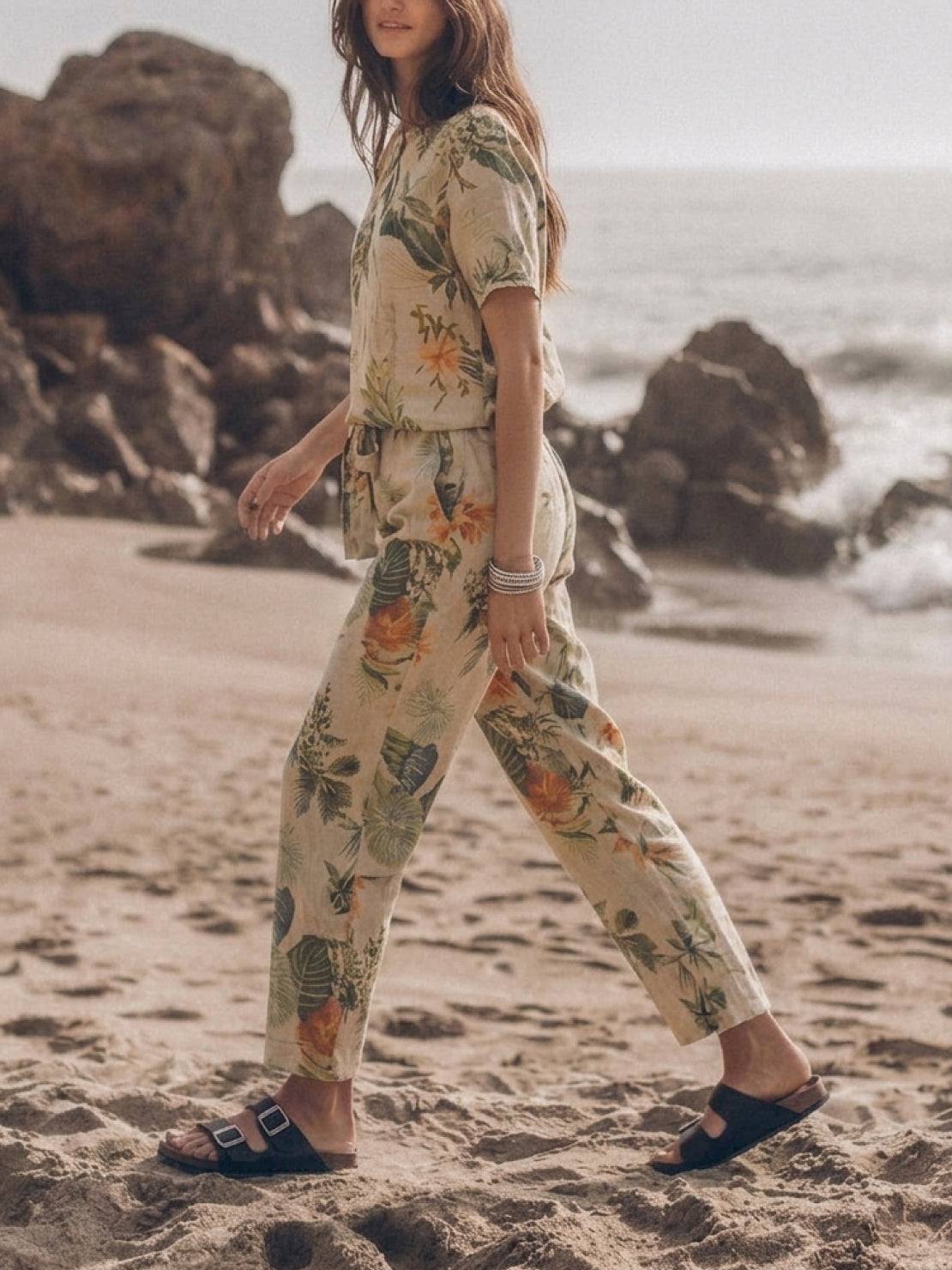 woman wearing breathable cotton linen set with relaxed fit and monochrome style indoors