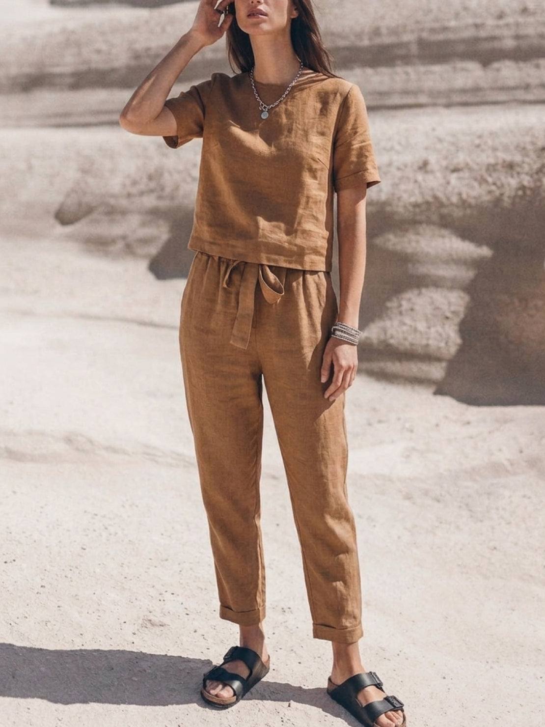 woman wearing relaxed cotton linen set monochrome two-piece outfit