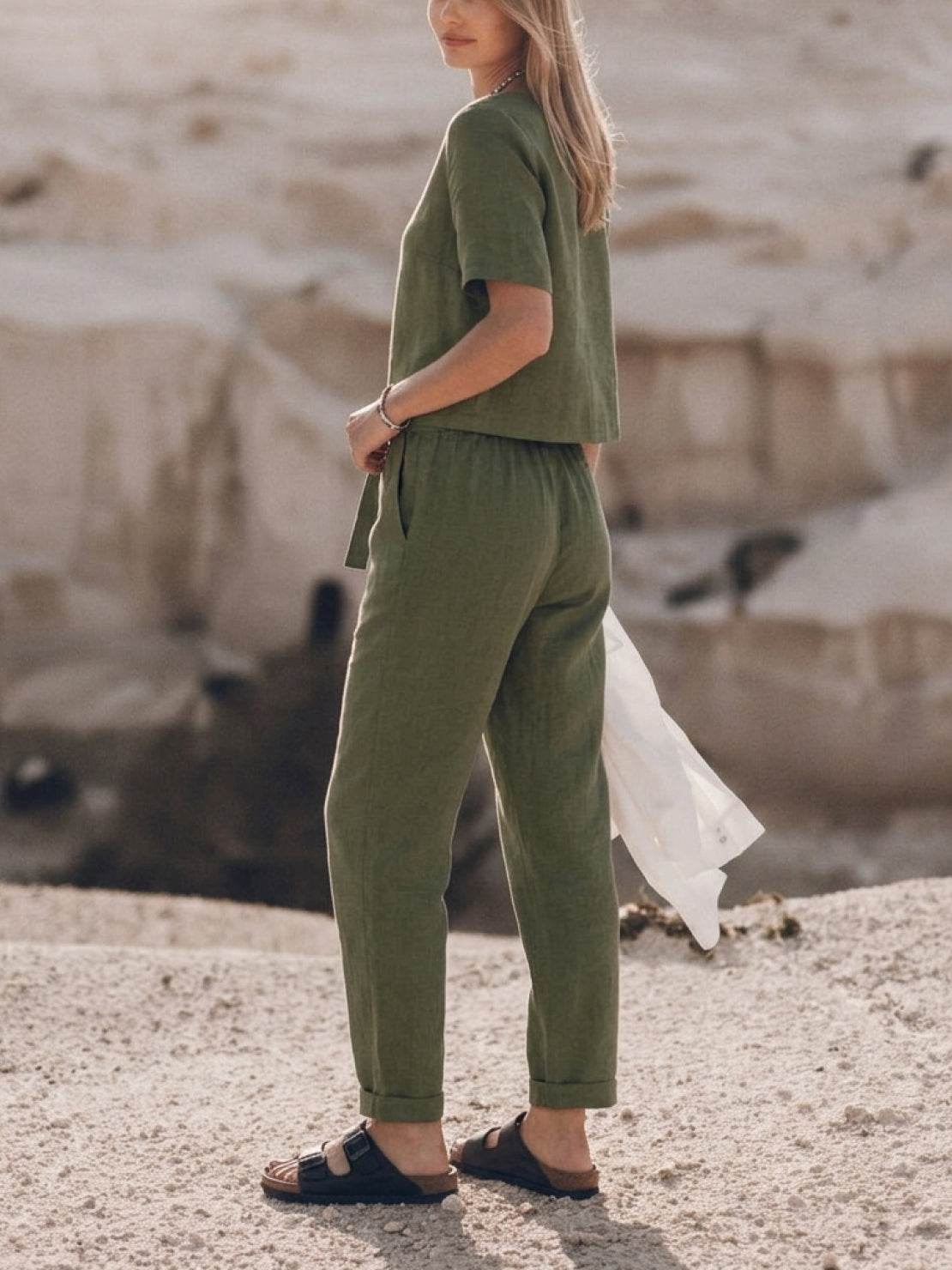 woman wearing relaxed fit cotton linen set in monochrome tones