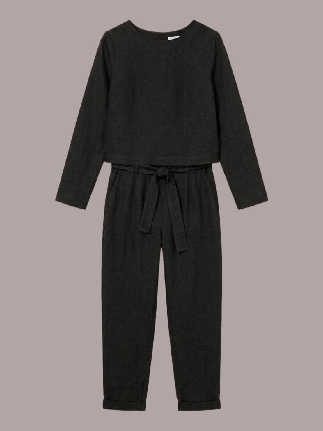 Model wearing cotton-linen monochrome relaxed longline top and wide-leg pants set