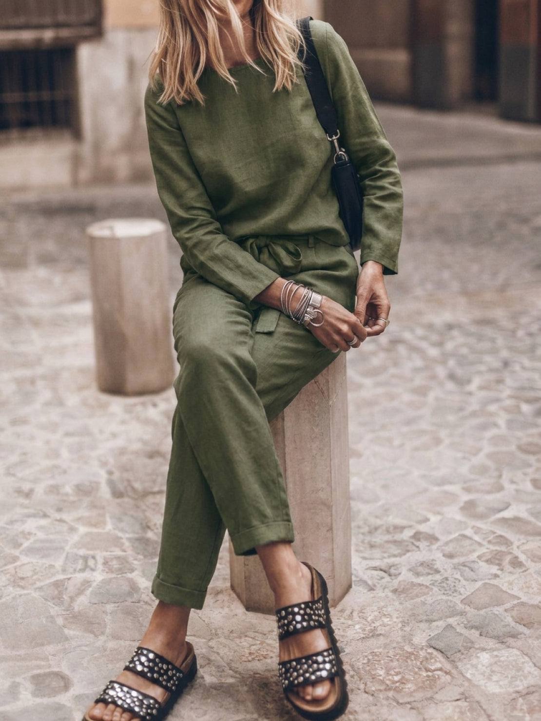 Woman wearing cotton-linen monochrome relaxed longline top and wide-leg pants set