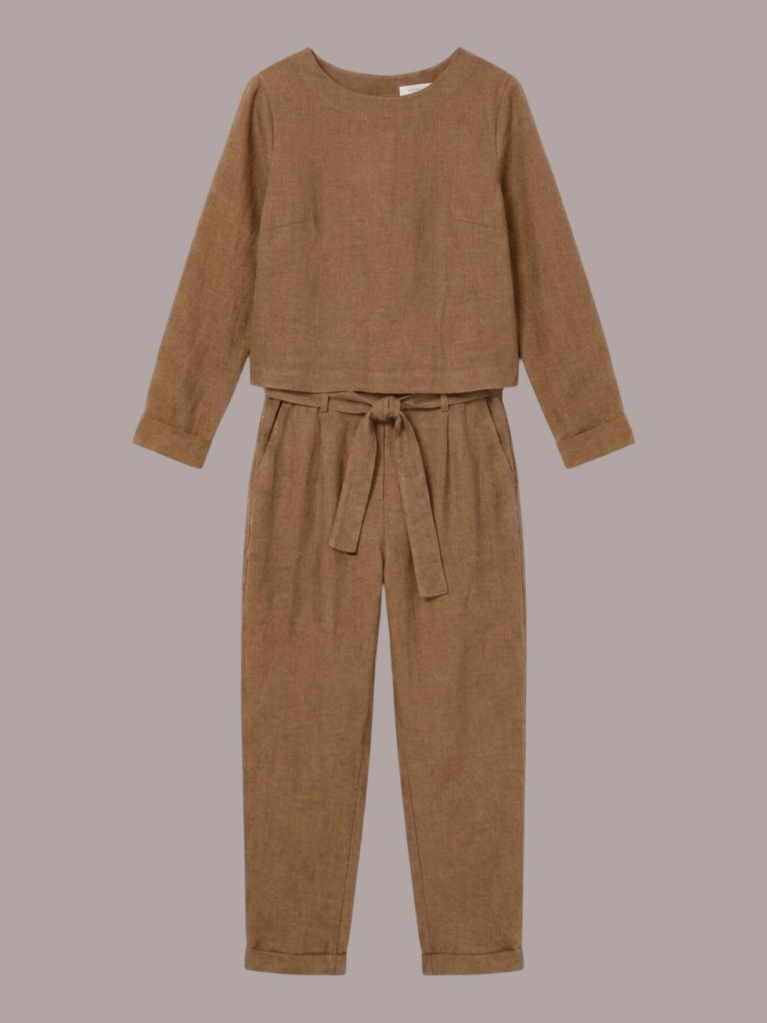 woman wearing cotton-linen monochrome relaxed longline top and wide-leg pants set