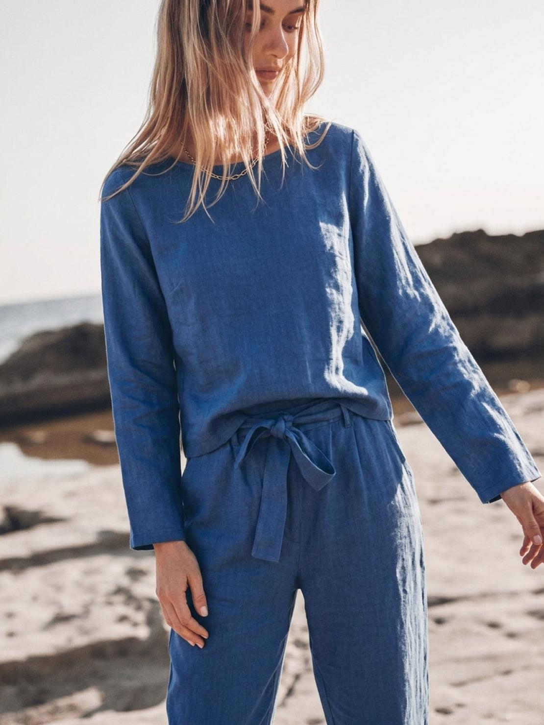 Woman wearing relaxed cotton-linen monochrome longline top and wide-leg pants set