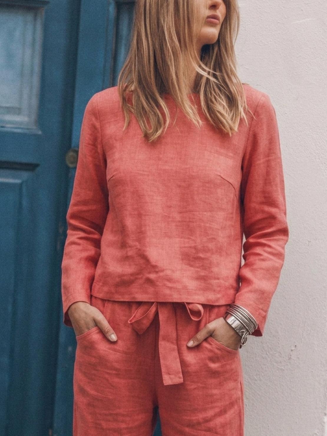 Woman wearing relaxed cotton-linen monochrome longline top and wide-leg pants set