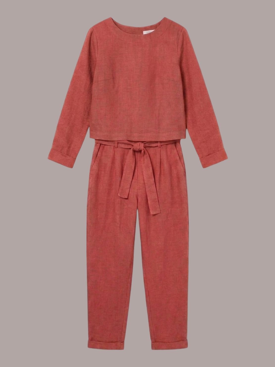 Woman wearing relaxed cotton-linen monochrome longline top and wide-leg pants set