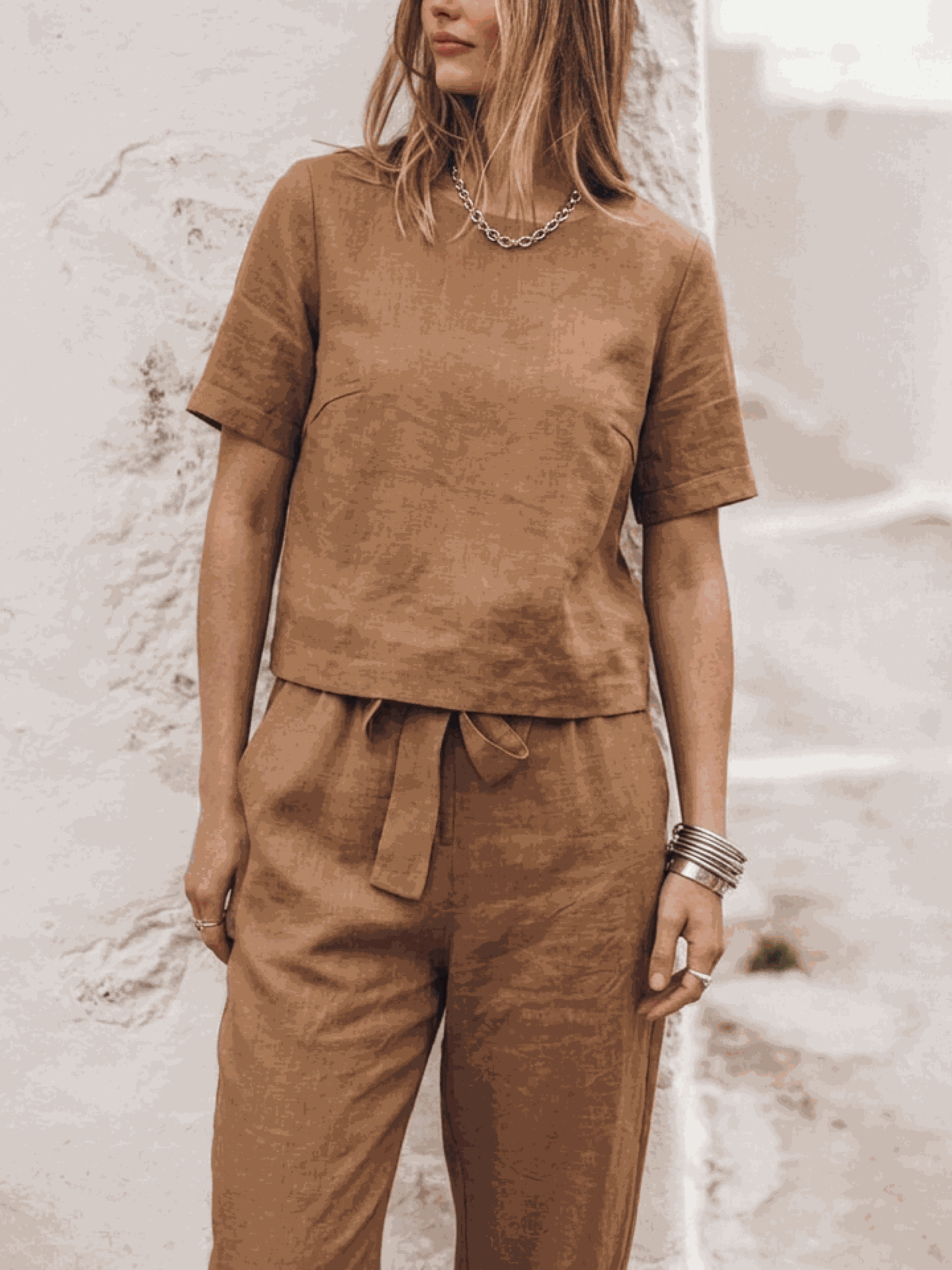 Women's relaxed cotton-linen short-sleeve top and straight-leg pants set in neutral monochrome tones