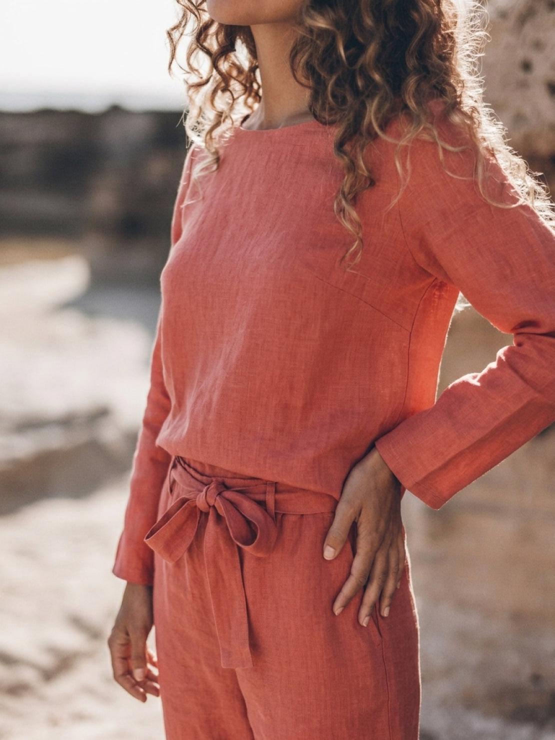 Woman wearing relaxed cotton-linen monochrome longline top and wide-leg pants set
