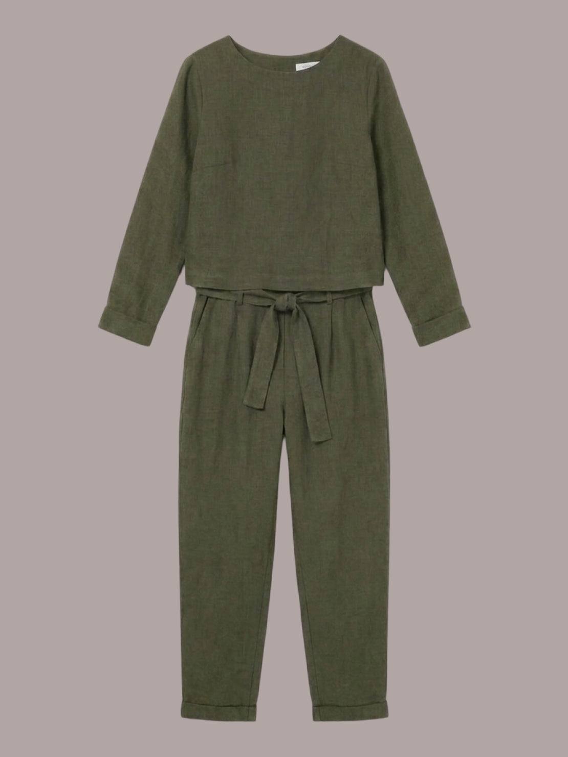 woman wearing cotton-linen monochrome relaxed longline top and wide-leg pants set