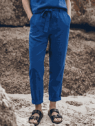 Cotton-linen set with relaxed short-sleeve top and straight-leg pants in monochrome palette
